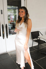 Load image into Gallery viewer, A Night To Remember Champagne Satin Halter Dress