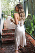 Load image into Gallery viewer, A Night To Remember Champagne Satin Halter Dress