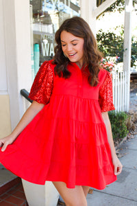 Filled With Love Babydoll Dress with Sequin Sleeves
