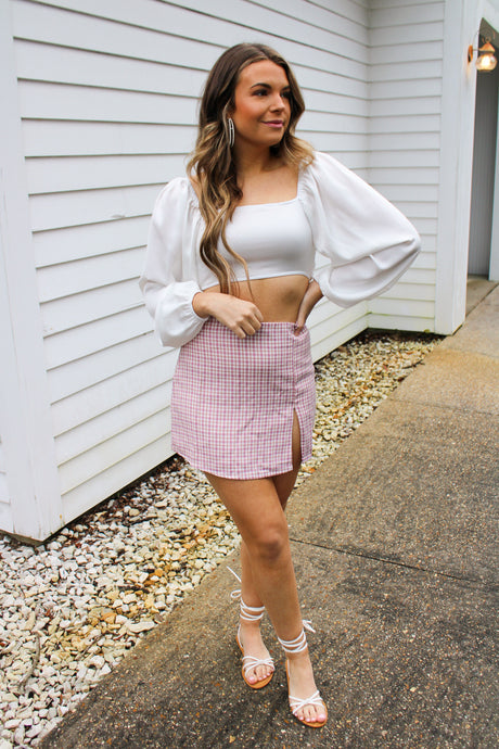 Counting The Hours Baby Pink Plaid Mini Skirt