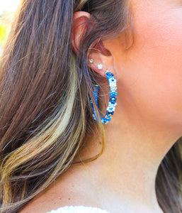 Brighter Days Blue Multi-Flower Beaded Hoop Earrings