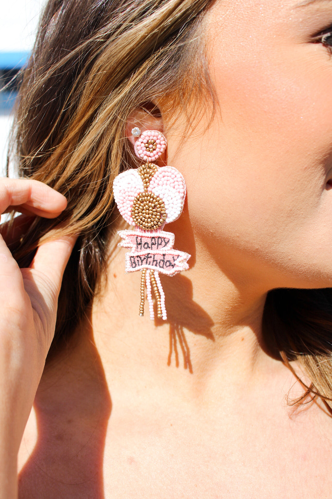 Happy Birthday Balloon Seed Bead Earrings in Pink