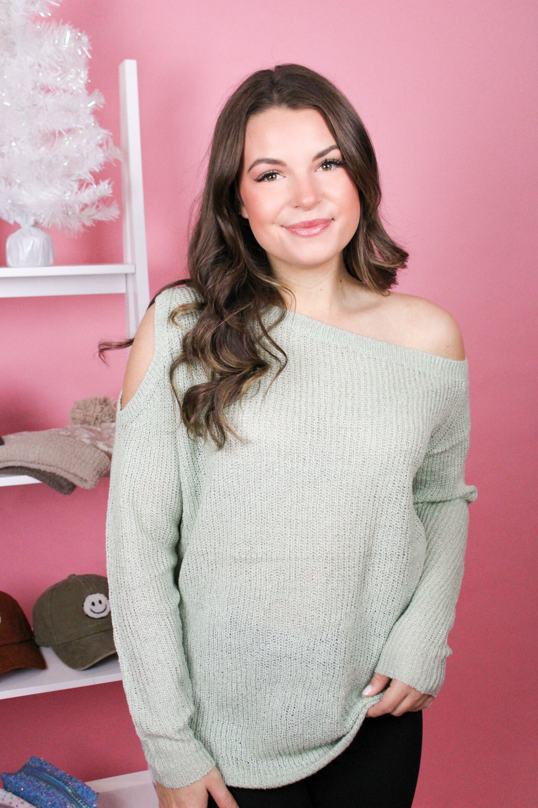 Give The Cold Shoulder Sweater in Sage
